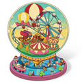 A colorful carnival playground encased in a glass orb, featuring a miniature ferris wheel, red hot air balloons, and playful clouds in a vibrant 3D layer. 