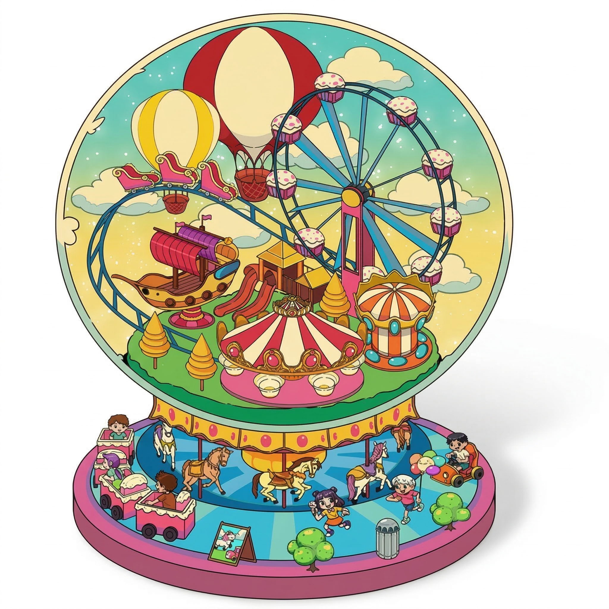 A colorful carnival playground encased in a glass orb, featuring a miniature ferris wheel, red hot air balloons, and playful clouds in a vibrant 3D layer. 