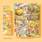 Illustrated sticker sheets with a market scene and a base card on an orange background