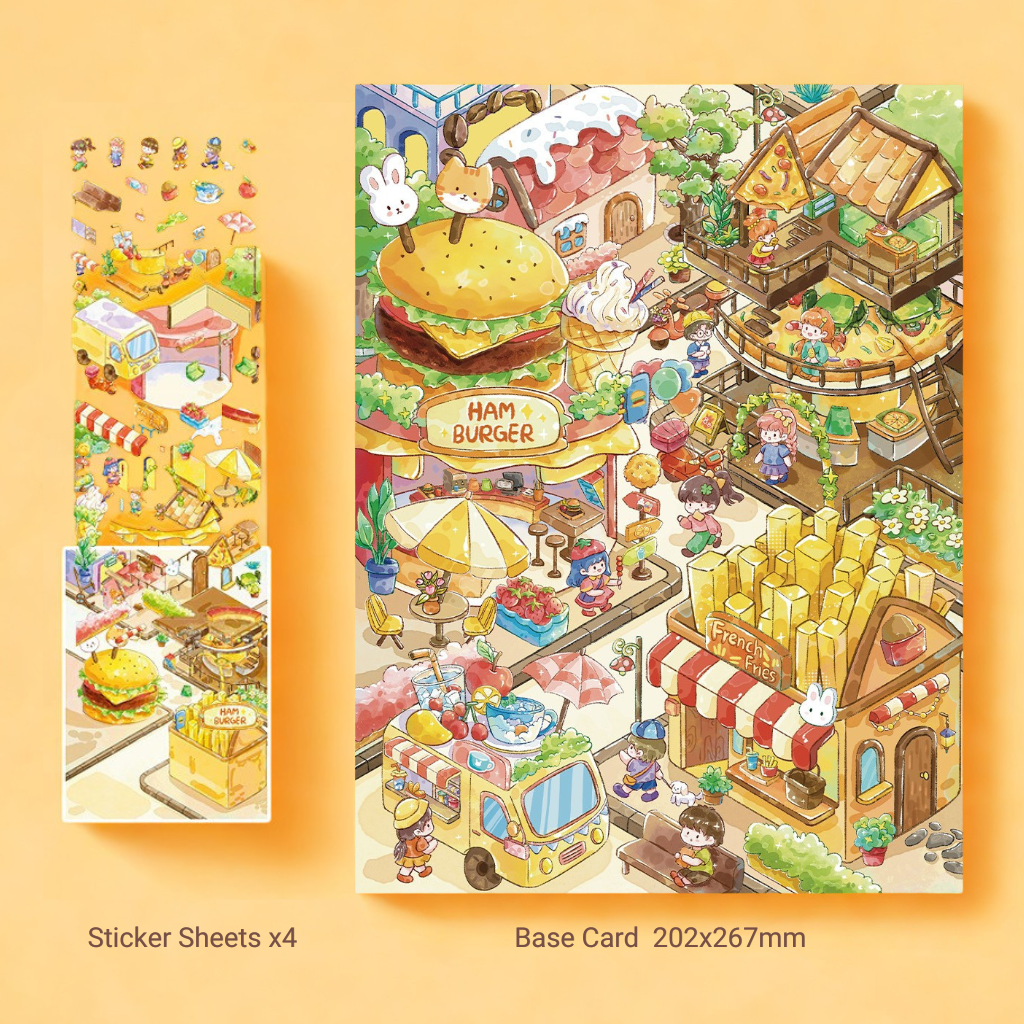 Illustrated sticker sheets with a market scene and a base card on an orange background