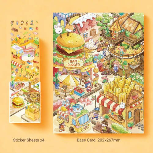 Illustrated sticker sheets with a market scene and a base card on an orange background