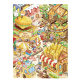 Illustration of a colorful street scene with various food stalls and characters.