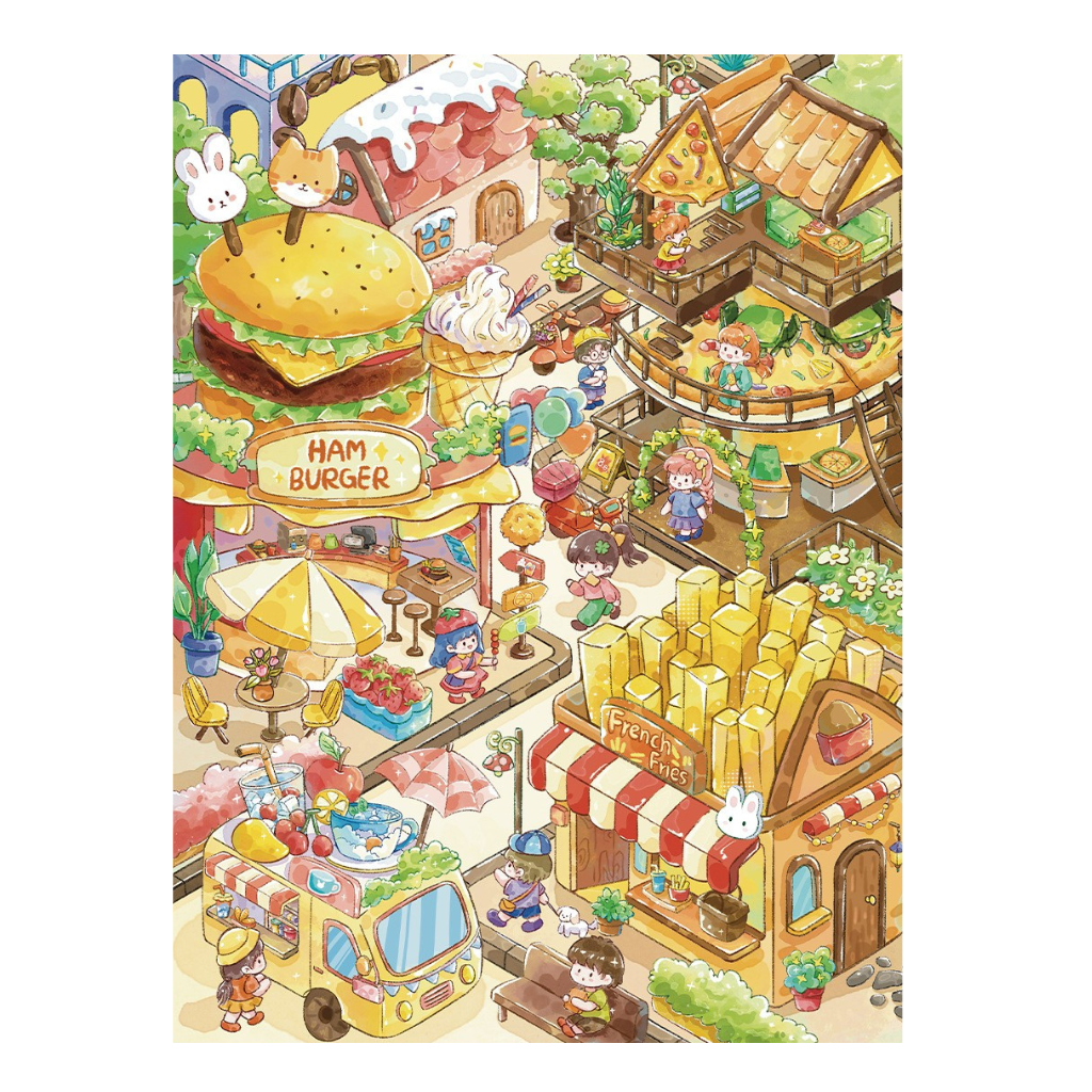 Illustration of a colorful street scene with various food stalls and characters.