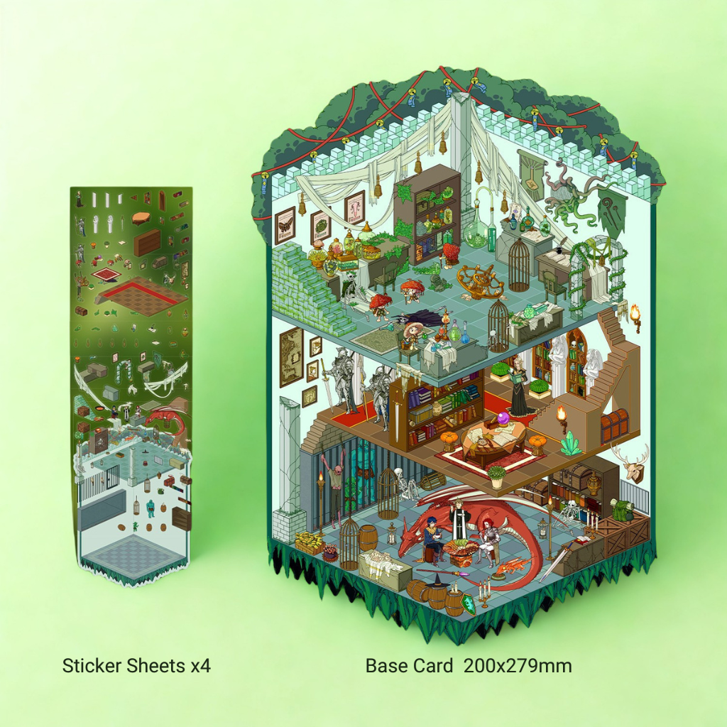 Illustration of a detailed three-story dungeons and dragons house with various rooms and activities, dragon is in the basement, knight and wizards doing magic to protect the dragon  