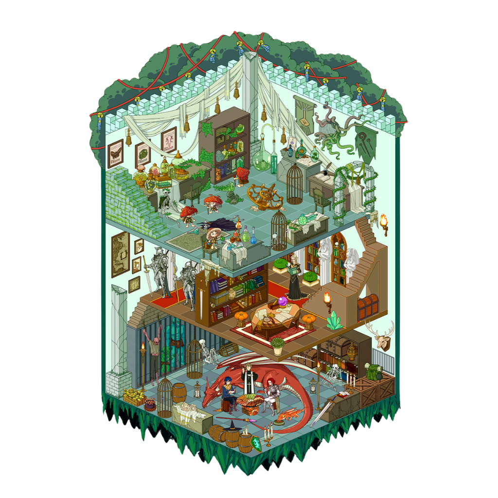 Illustration of a detailed three-story dungeons and dragons house with various rooms and activities, dragon is in the basement, knight and wizards doing magic to protect the dragon  