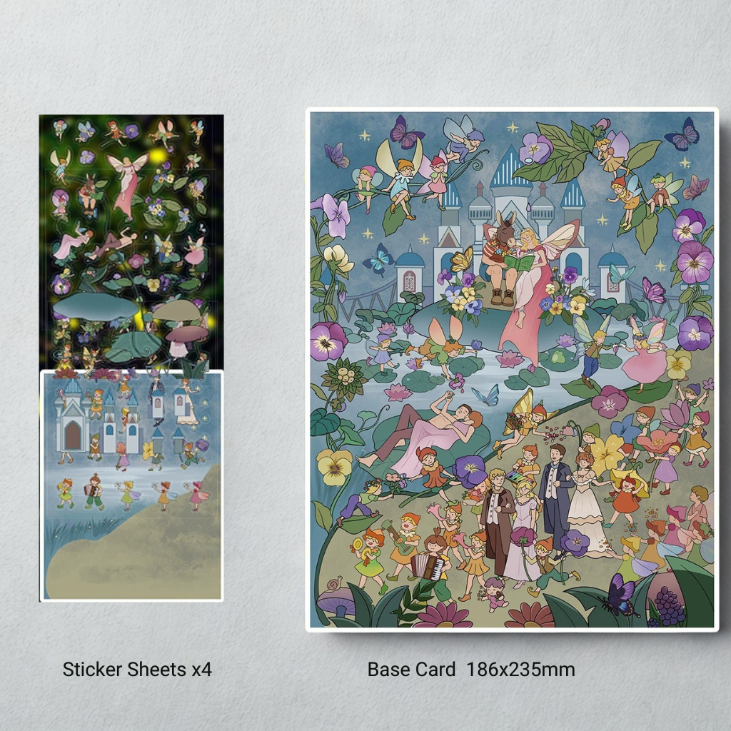 Illustrated fairy tale scene with characters and elements on a base card and sticker sheets. Colorful illustration of fairies and a fairy donkey king in a garden with flowers and butterflies, it is a fairy wedding on the midsummer night