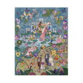 Colorful illustration of fairies and a fairy donkey king in a garden with flowers and butterflies, it is a fairy wedding on the midsummer night