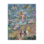 Colorful illustration of fairies and a fairy donkey king in a garden with flowers and butterflies, it is a fairy wedding on the midsummer night