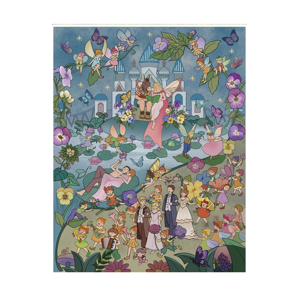 Colorful illustration of fairies and a fairy donkey king in a garden with flowers and butterflies, it is a fairy wedding on the midsummer night