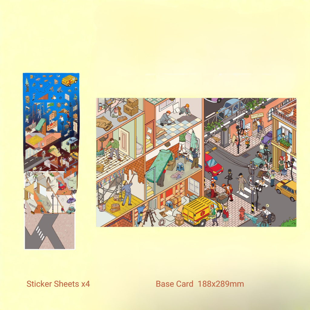 Illustrated cityscape with people and activities on a base card, featuring sticker sheets on the side.