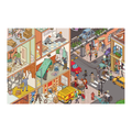 Illustration of a city street with people and activities on multiple levels.