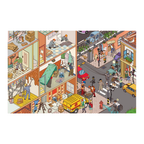 Illustration of a city street with people and activities on multiple levels.