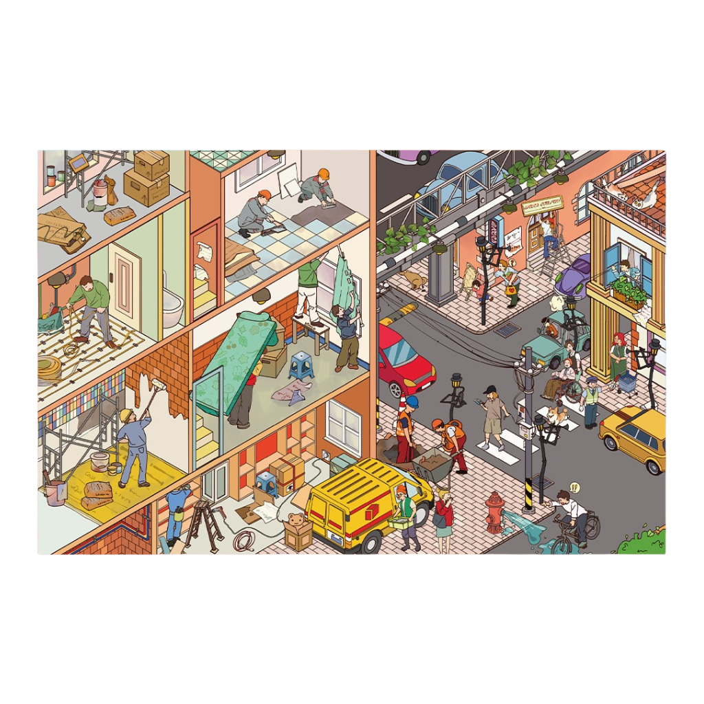 Illustration of a city street with people and activities on multiple levels.