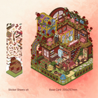 Illustrated miniature house with detailed interior on a pink background
