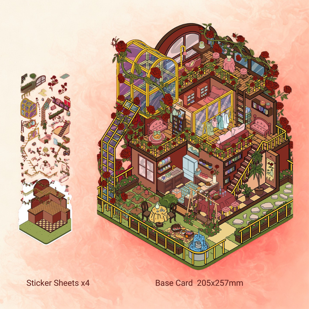 Illustrated miniature house with detailed interior on a pink background