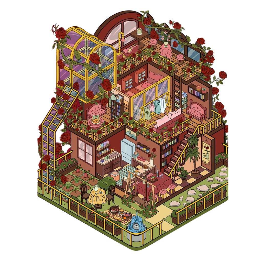 Isometric illustration of a cozy, multi-level house with various rooms and outdoor areas.