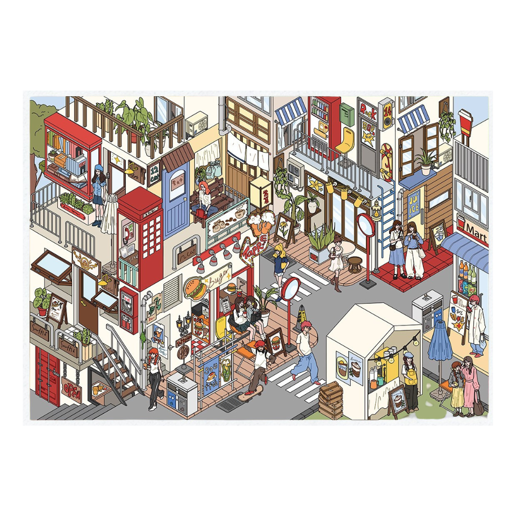 Illustration of the bustling seoul city street with various shops and people. Fahionable Korean young girls and guys with trendy looking and instagram popular cafes, shops