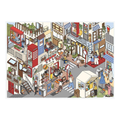 Illustration of the bustling seoul city street with various shops and people. Fahionable Korean young girls and guys with trendy looking and instagram popular cafes, shops