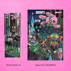 Colorful illustration of a punk spooky theme park with various attractions and characters, including creepy looking rabbits and a giant pink bunny