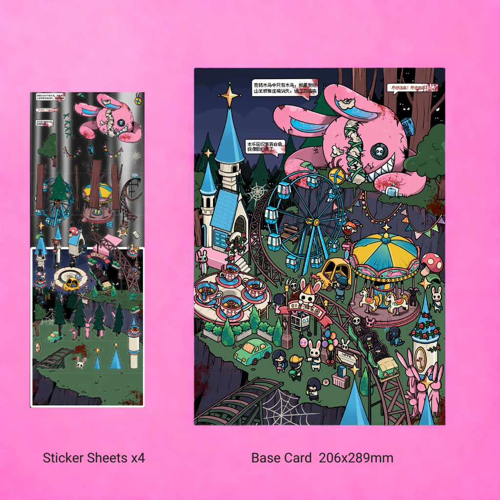 Colorful illustration of a punk spooky theme park with various attractions and characters, including creepy looking rabbits and a giant pink bunny