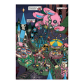 Colorful illustration of a punk spooky theme park with various attractions and characters, including creepy looking rabbits and a giant pink bunny