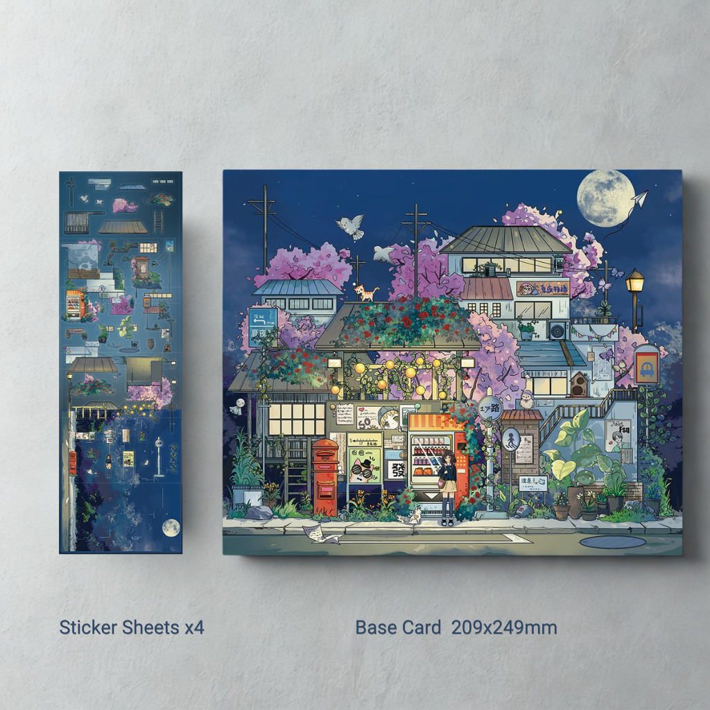 Sticker sheets and base card with a colorful illustration of a street scene on a gray background