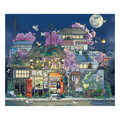 Illustration of a colorful building at night with a full moon and cherry blossoms. japanese style tokyo bus stop with vending machine