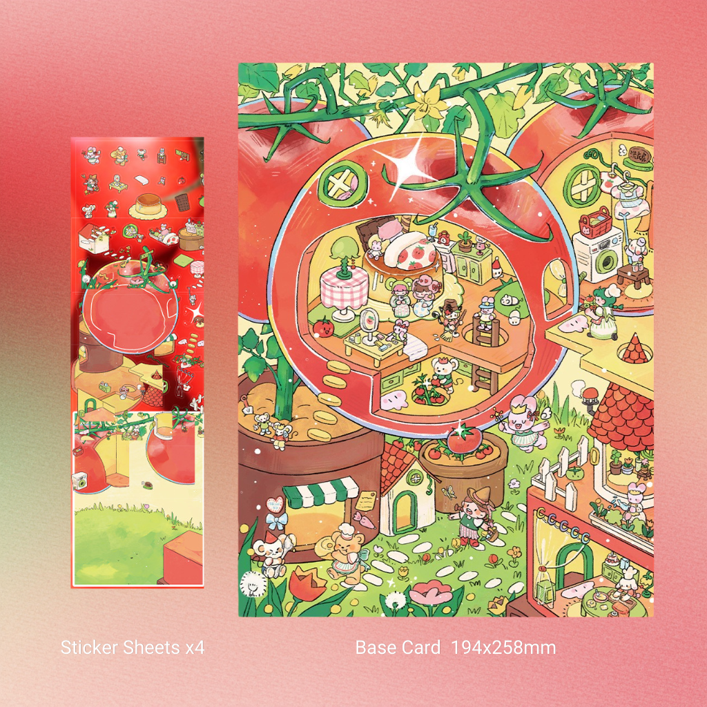 Illustrated scene with a magnifying glass over a small tomato shaped town, featuring various tomato shaped buildings and characters.