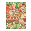 Illustrated scene with a magnifying glass over a small tomato shaped town, featuring various tomato shaped buildings and characters.