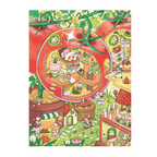 Illustrated scene with a magnifying glass over a small tomato shaped town, featuring various tomato shaped buildings and characters.