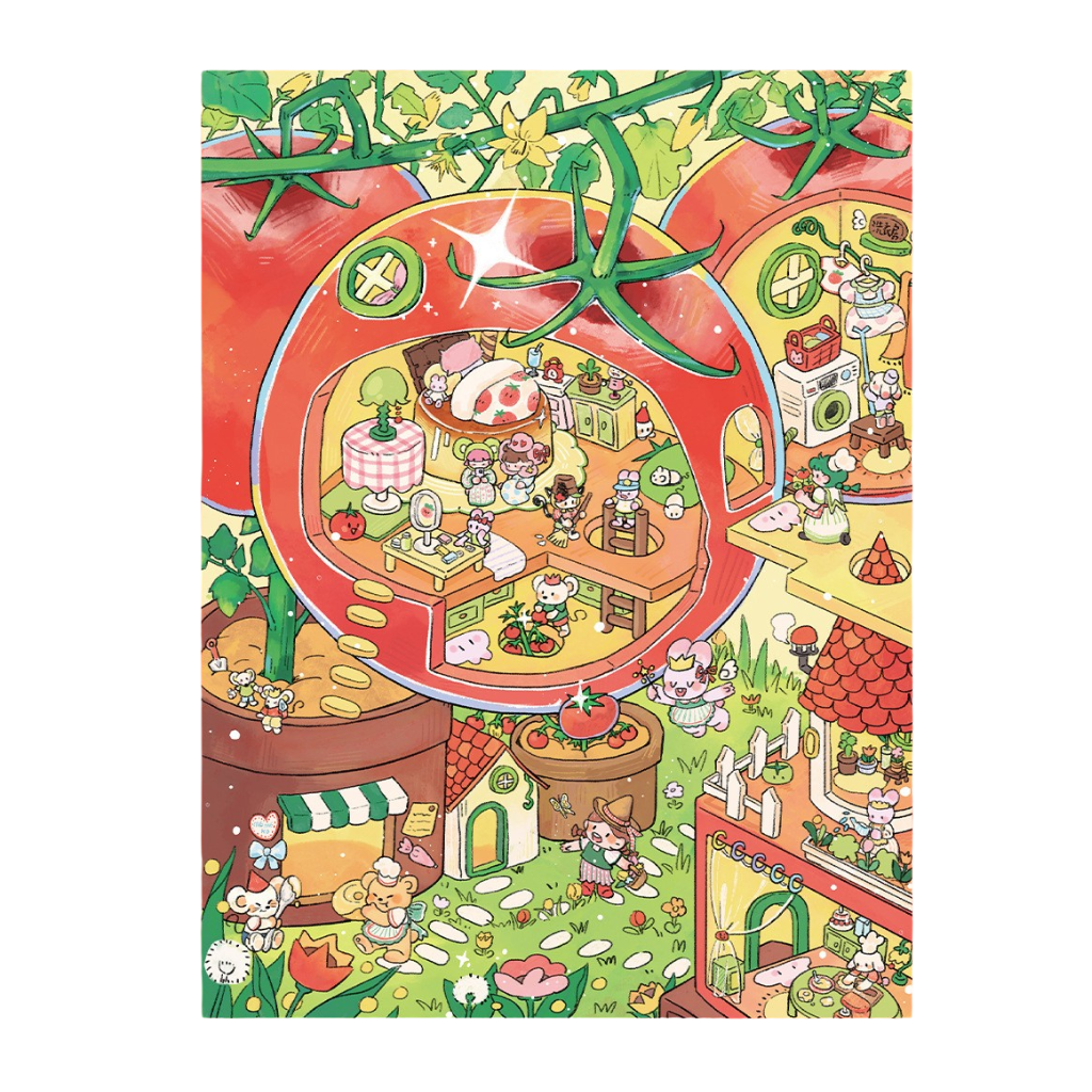 Illustrated scene with a magnifying glass over a small tomato shaped town, featuring various tomato shaped buildings and characters.