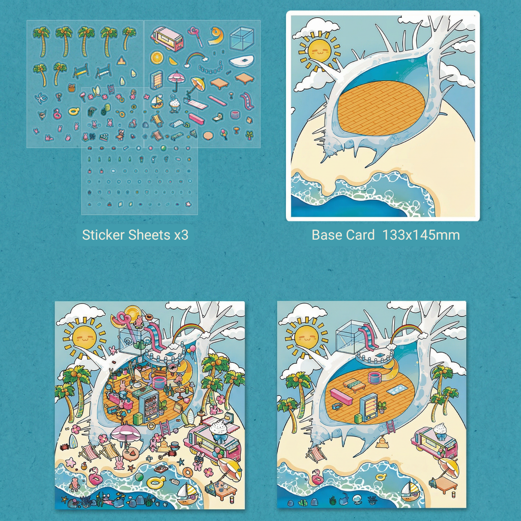 Set of illustrated cards with a base card and three sticker sheets on a blue background
