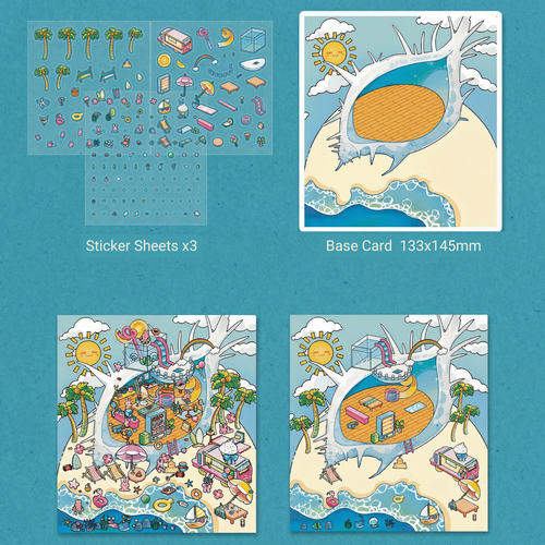 Set of illustrated cards with a base card and three sticker sheets on a blue background