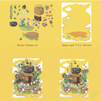 Product overview of the Bear's Coffee Bottle kit: includes 3 sticker sheets, a 113x149mm base card, and a bottom comparison showing the 3D coffee jar in-progress versus the finished look.