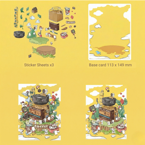 Product overview of the Bear's Coffee Bottle kit: includes 3 sticker sheets, a 113x149mm base card, and a bottom comparison showing the 3D coffee jar in-progress versus the finished look.
