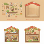 Product overview of the Cat's Cottage kit: includes 3 sticker sheets, a 130x136mm mushroom-roof house base card, and a bottom comparison showing the cozy interior in-progress versus the finished look.
