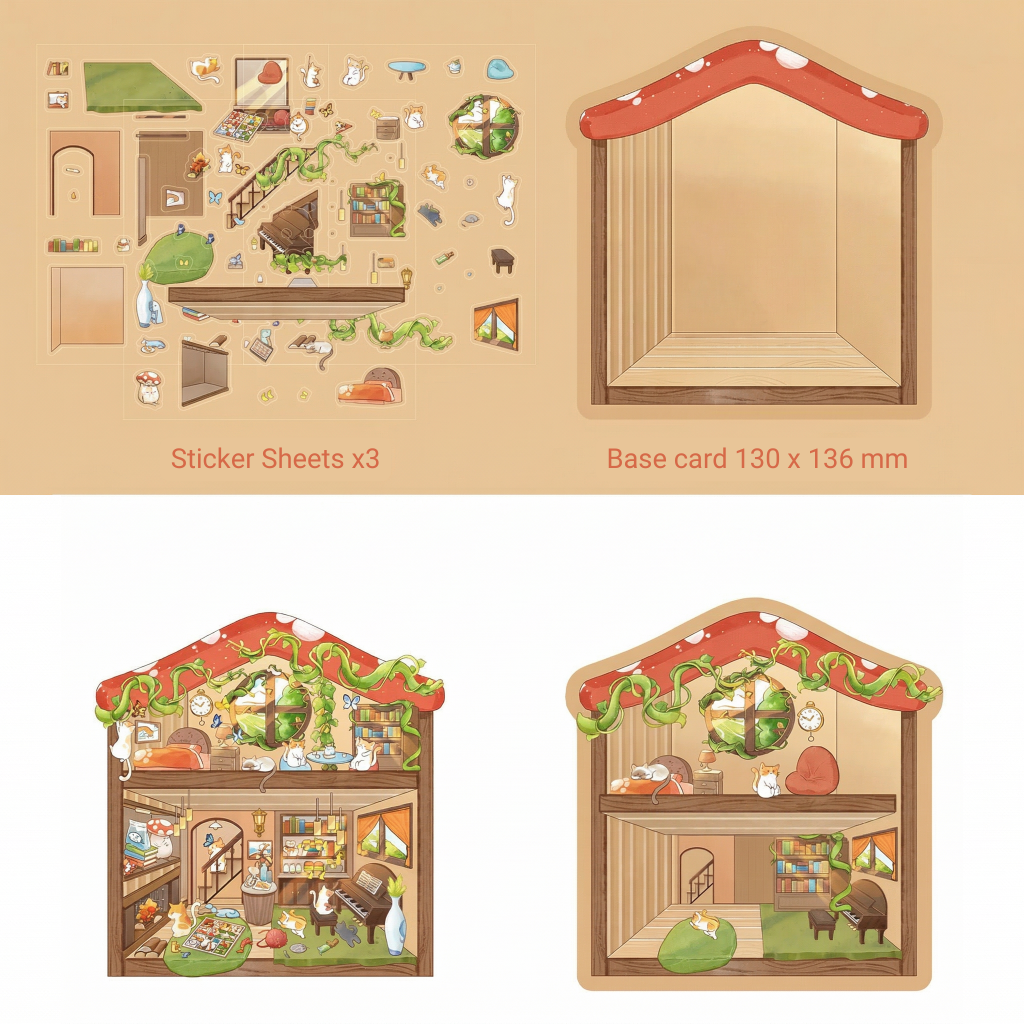 Product overview of the Cat's Cottage kit: includes 3 sticker sheets, a 130x136mm mushroom-roof house base card, and a bottom comparison showing the cozy interior in-progress versus the finished look.