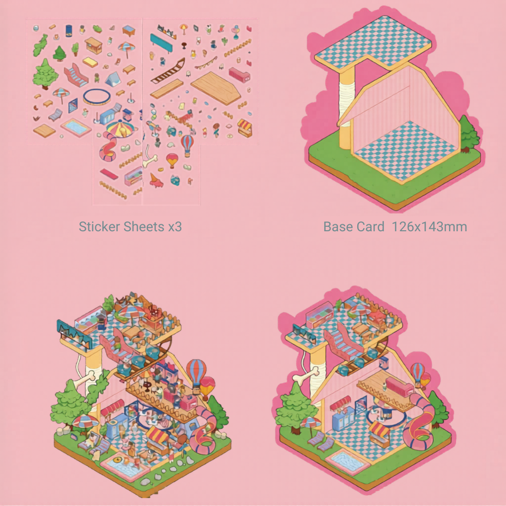 Illustrations of a miniature house set with sticker sheets and base card on a pink background