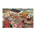 Illustration of a bustling street scene with pandas and floral decorations