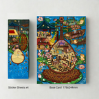 Two colorful card designs with intricate illustrations on a gray background