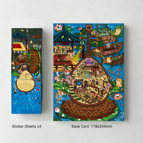 Two colorful card designs with intricate illustrations on a gray background