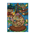 Colorful illustration of a traditional Chinese temple on a boat with intricate details against a blue background.