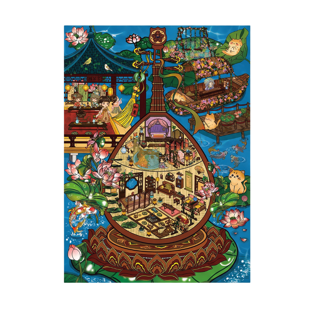 Colorful illustration of a traditional Chinese temple on a boat with intricate details against a blue background.