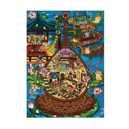 Colorful illustration of a traditional Chinese temple on a boat with intricate details against a blue background.