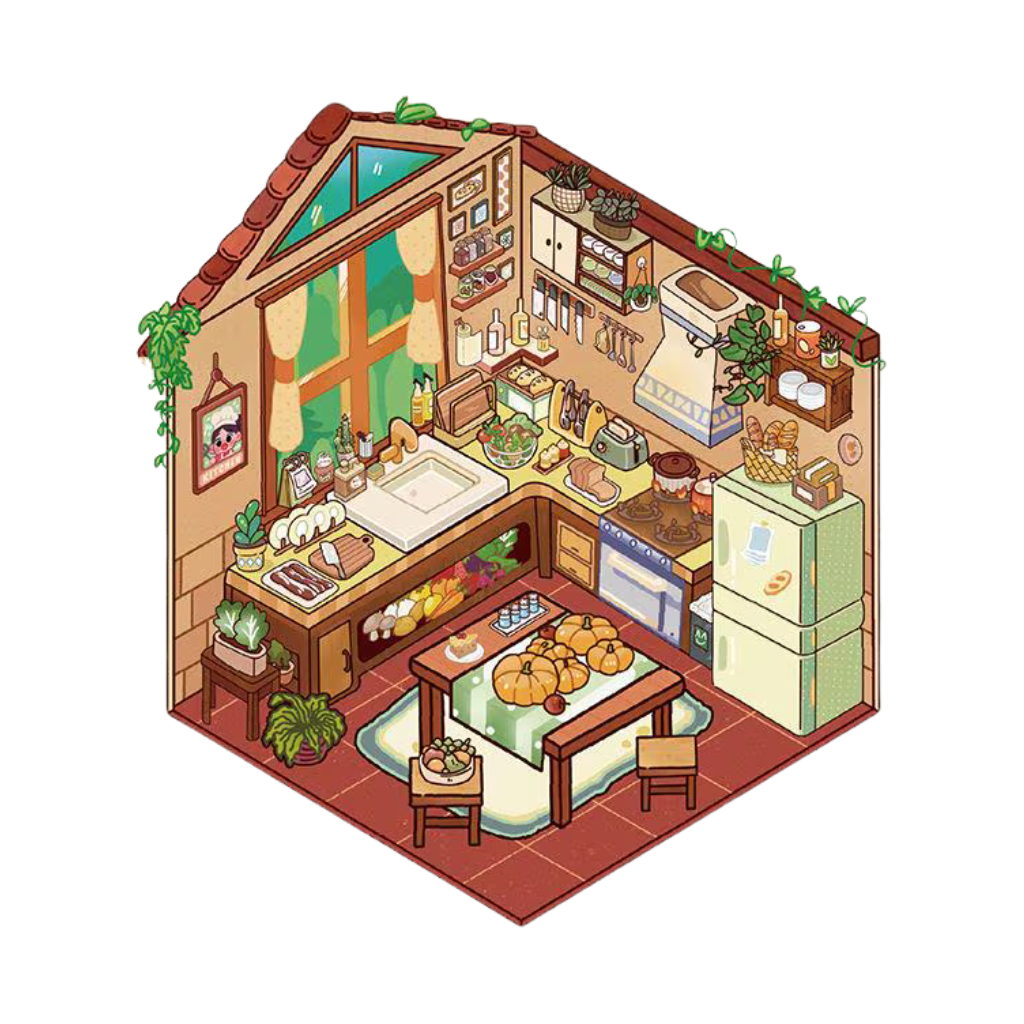 Illustration of a cozy kitchen with various appliances and decor