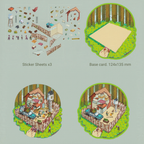 Product overview of the Dystopia Camp (Doomsday) kit: includes 3 sticker sheets, a 124x135mm circular forest base card, and a bottom comparison showing the survival camp in-progress versus the finished look.