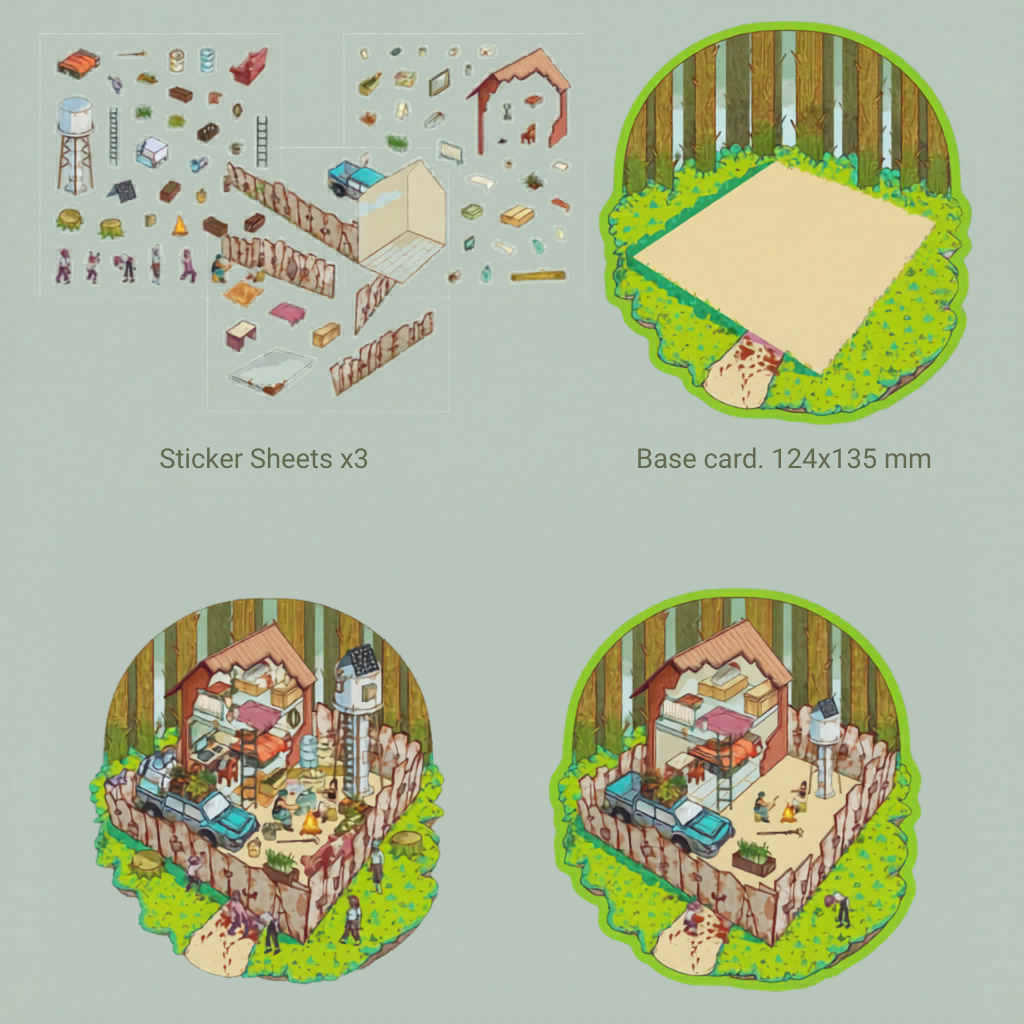 Product overview of the Dystopia Camp (Doomsday) kit: includes 3 sticker sheets, a 124x135mm circular forest base card, and a bottom comparison showing the survival camp in-progress versus the finished look.