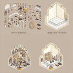 Product overview of the Pharaoh's Curse kit: includes 2 sticker sheets, a 70x70mm temple base card, and a bottom comparison showing the Egyptian scenery in-progress versus the finished look.