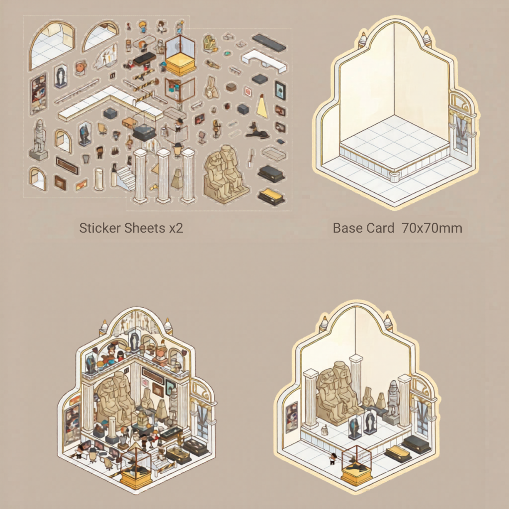 Product overview of the Pharaoh's Curse kit: includes 2 sticker sheets, a 70x70mm temple base card, and a bottom comparison showing the Egyptian scenery in-progress versus the finished look.