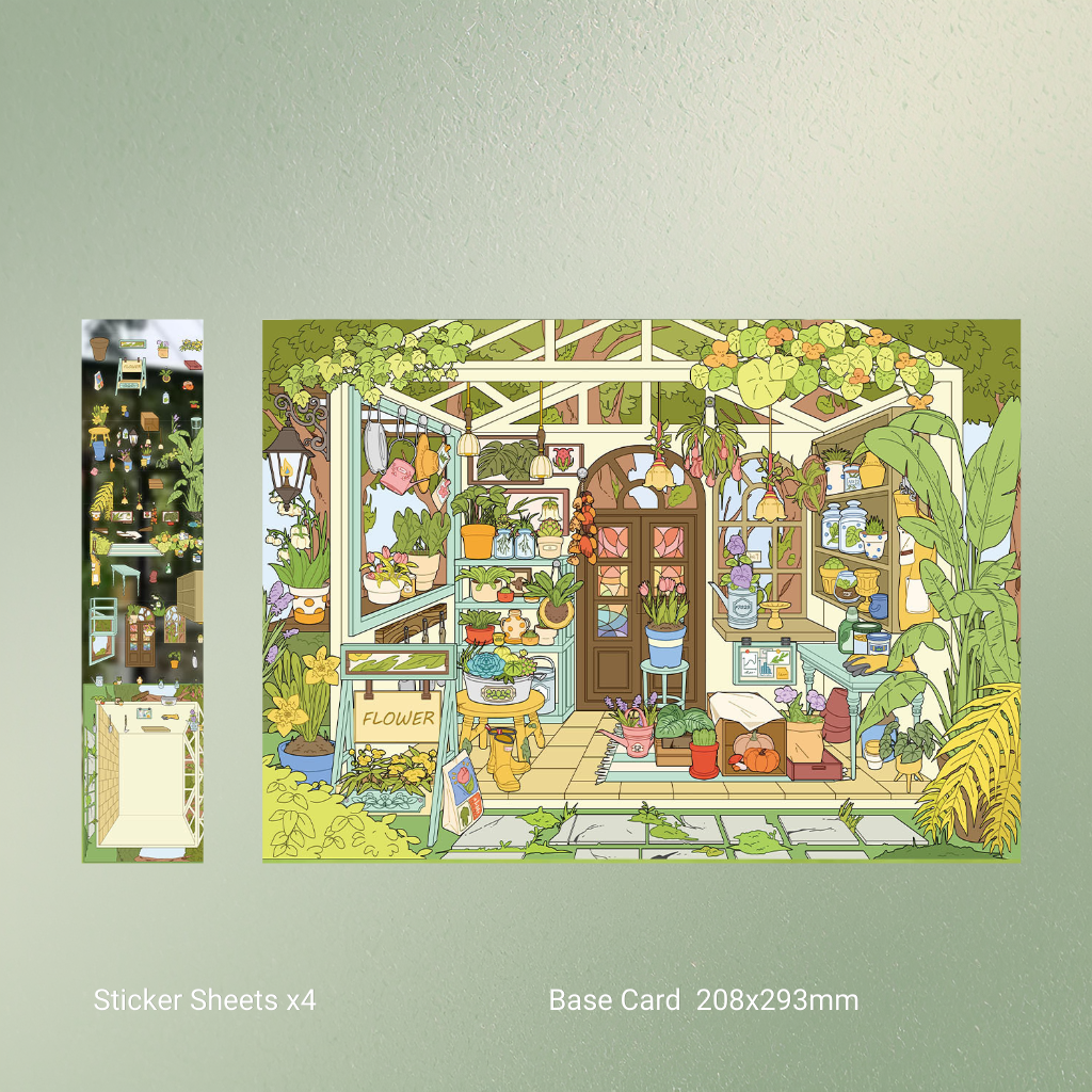 Illustrated sticker sheets with a detailed interior design of a flower shop on a light green background